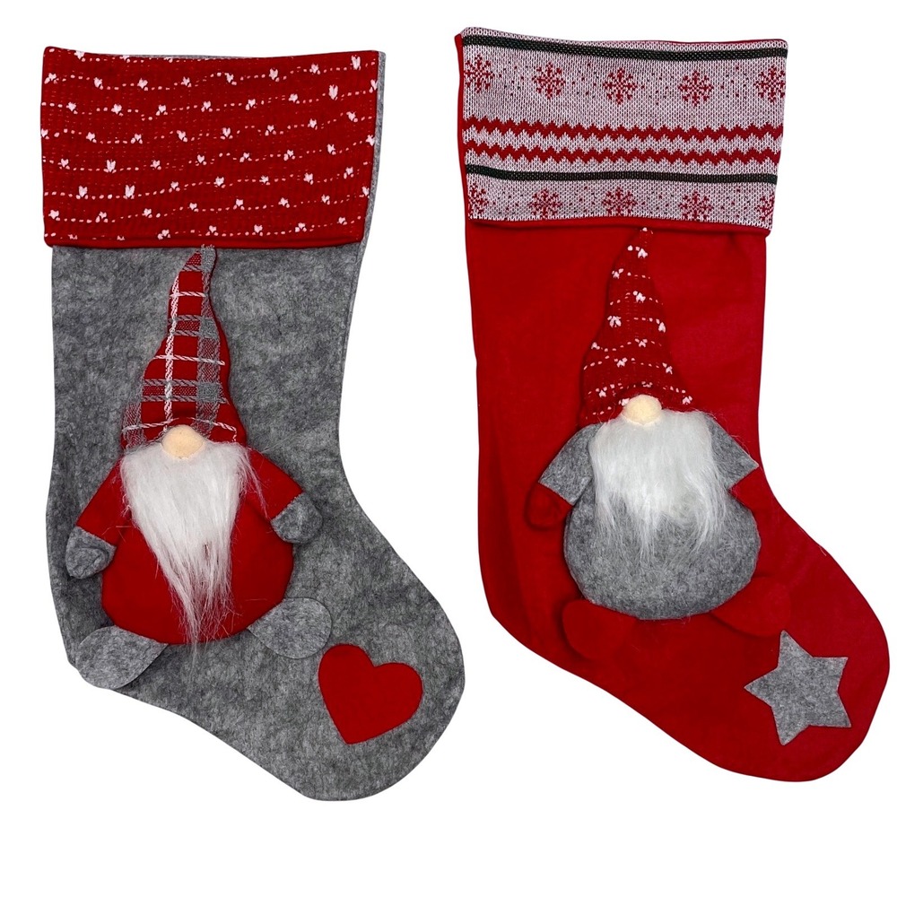 Set of 2 Christmas Stockings Plush Gnome Snowflake Grey Red Felt X23213 New